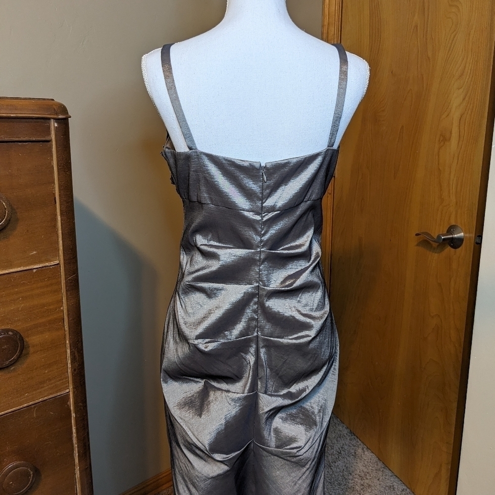 R&M RICHARDS Ruched Silver Rose Ruffle Midi Cocktail Dress - Picture 3 of 13